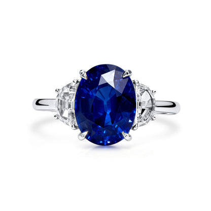 18K White Gold Statement Ring With 4.56 TCW Oval Shape Natural Sapphire, GRS Certified