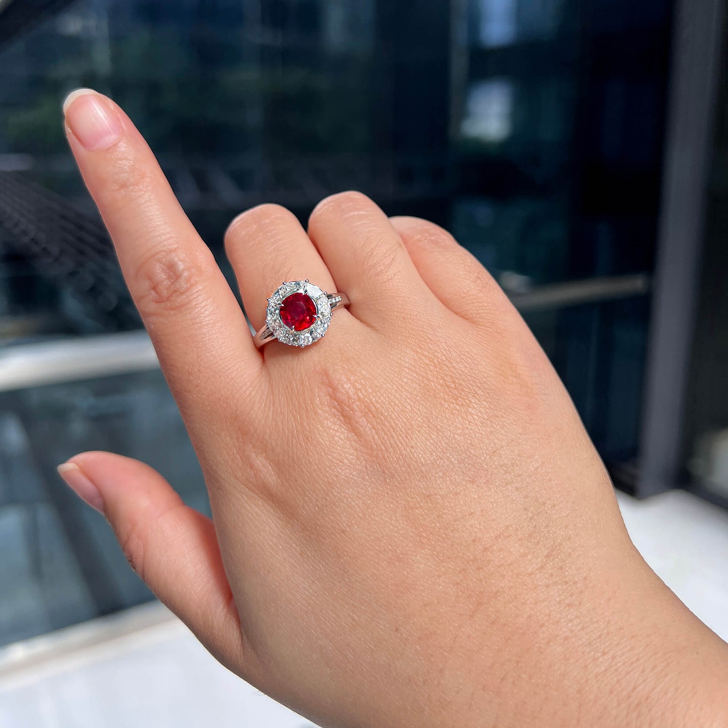 18K White Gold Statement Ring With 2.08 TCW Oval Shape Natural Ruby, GRS Certified