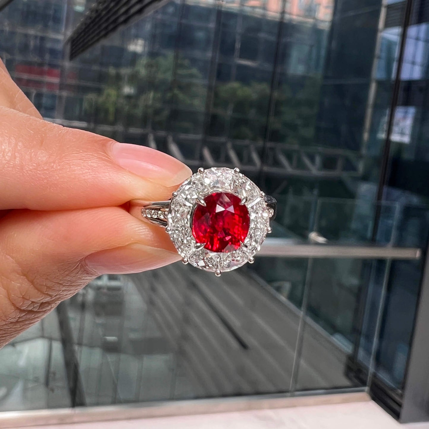 18K White Gold Statement Ring With 2.08 TCW Oval Shape Natural Ruby, GRS Certified