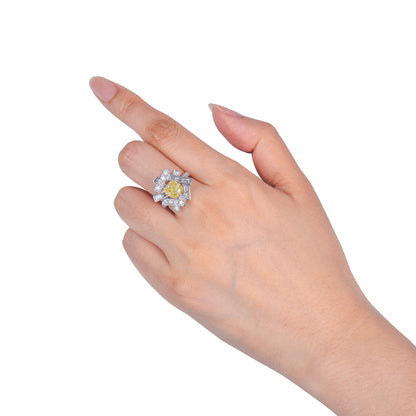 18K White & Yellow Gold Statement Ring With 3.00 TCW Yellow Cushion Shape Natural Diamond, GIA Certified
