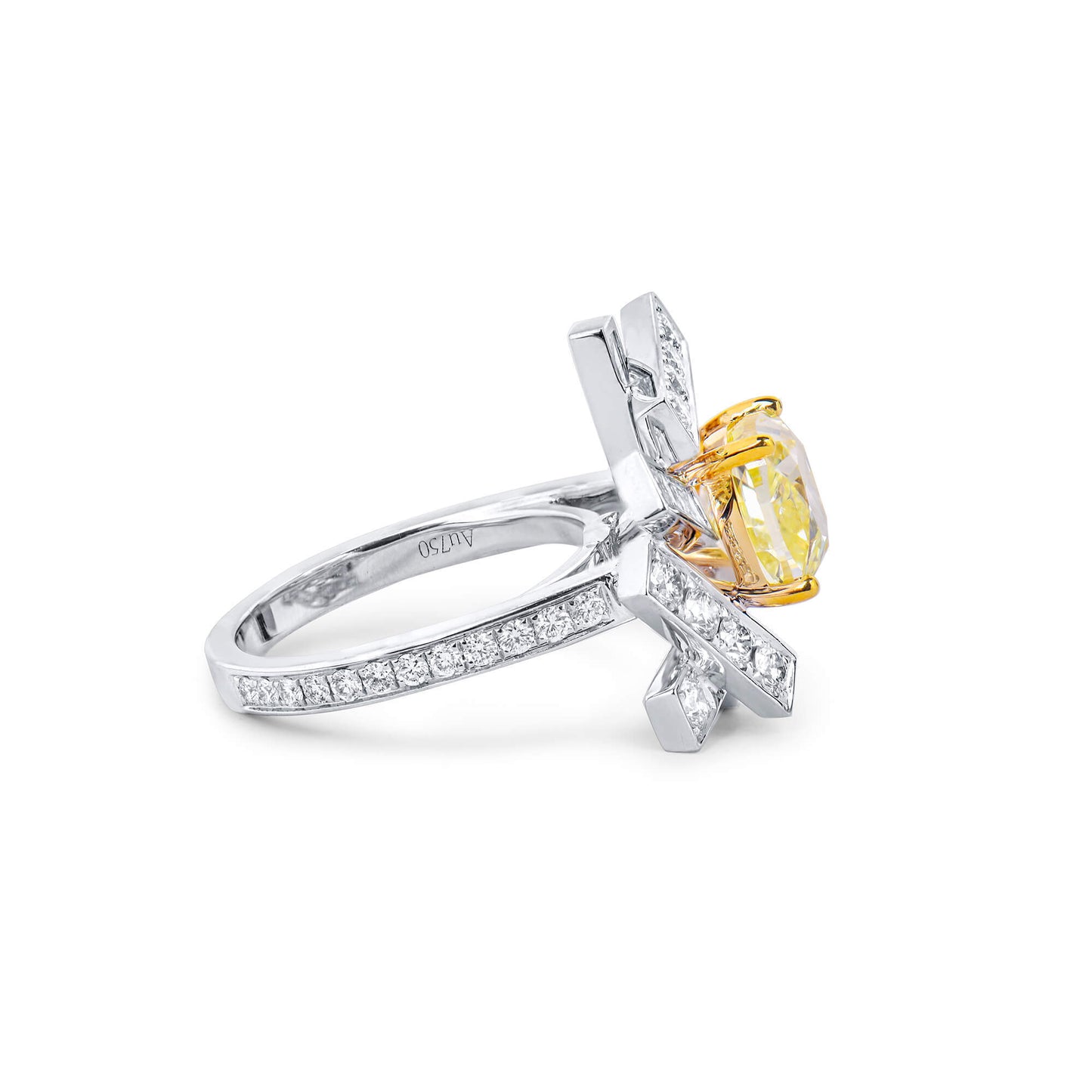 18K White & Yellow Gold Statement Ring With 3.00 TCW Yellow Cushion Shape Natural Diamond, GIA Certified