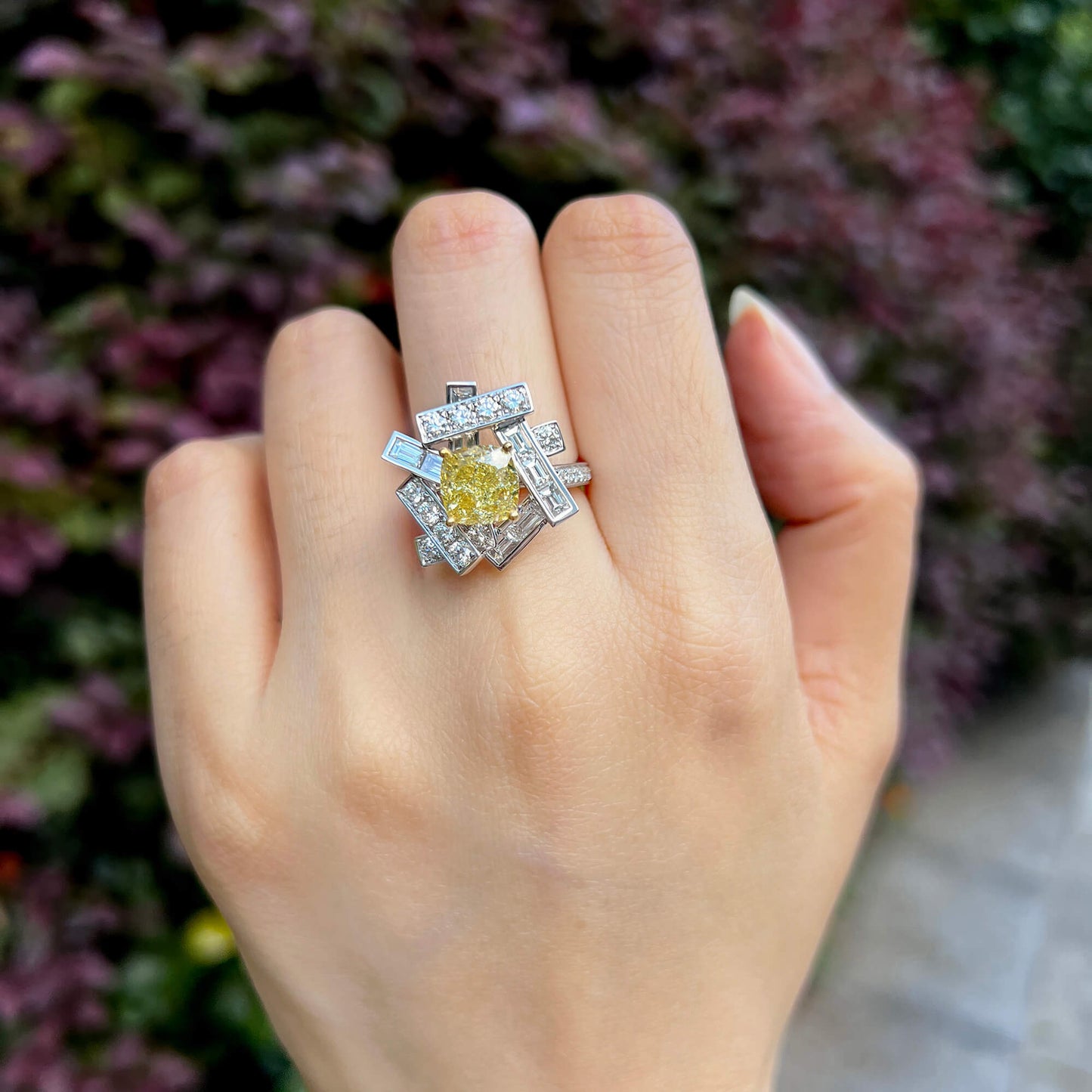 18K White & Yellow Gold Statement Ring With 3.00 TCW Yellow Cushion Shape Natural Diamond, GIA Certified