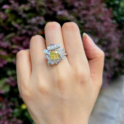 18K White & Yellow Gold Statement Ring With 3.00 TCW Yellow Cushion Shape Natural Diamond, GIA Certified