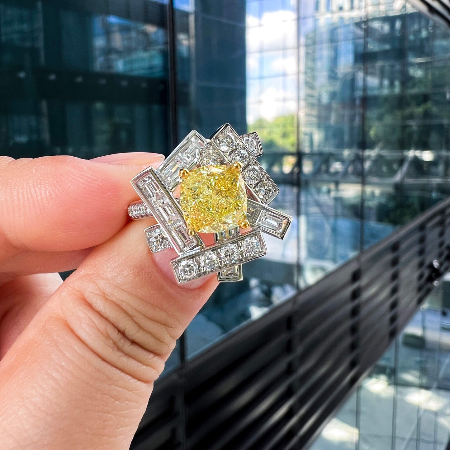18K White & Yellow Gold Statement Ring With 3.00 TCW Yellow Cushion Shape Natural Diamond, GIA Certified