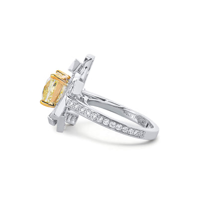 18K White & Yellow Gold Statement Ring With 3.00 TCW Yellow Cushion Shape Natural Diamond, GIA Certified