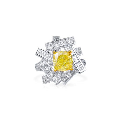 18K White & Yellow Gold Statement Ring With 3.00 TCW Yellow Cushion Shape Natural Diamond, GIA Certified