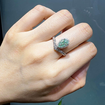 18K White Gold Statement Ring With 1.14 TCW Green Pear Shape Natural Diamond, GIA Certified