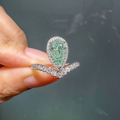 18K White Gold Statement Ring With 1.14 TCW Green Pear Shape Natural Diamond, GIA Certified