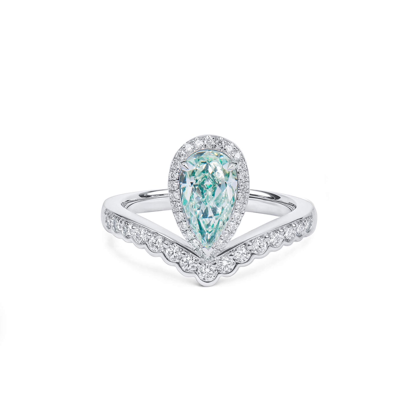 18K White Gold Statement Ring With 1.14 TCW Green Pear Shape Natural Diamond, GIA Certified