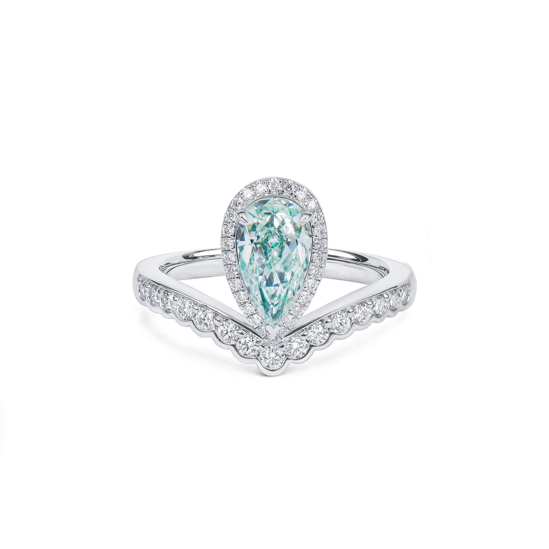 18K White Gold Statement Ring With 1.14 TCW Green Pear Shape Natural Diamond, GIA Certified