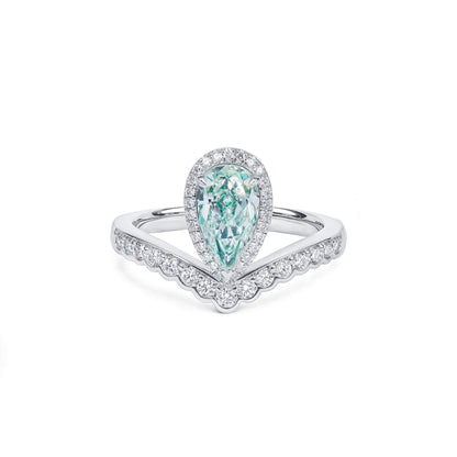 18K White Gold Statement Ring With 1.14 TCW Green Pear Shape Natural Diamond, GIA Certified