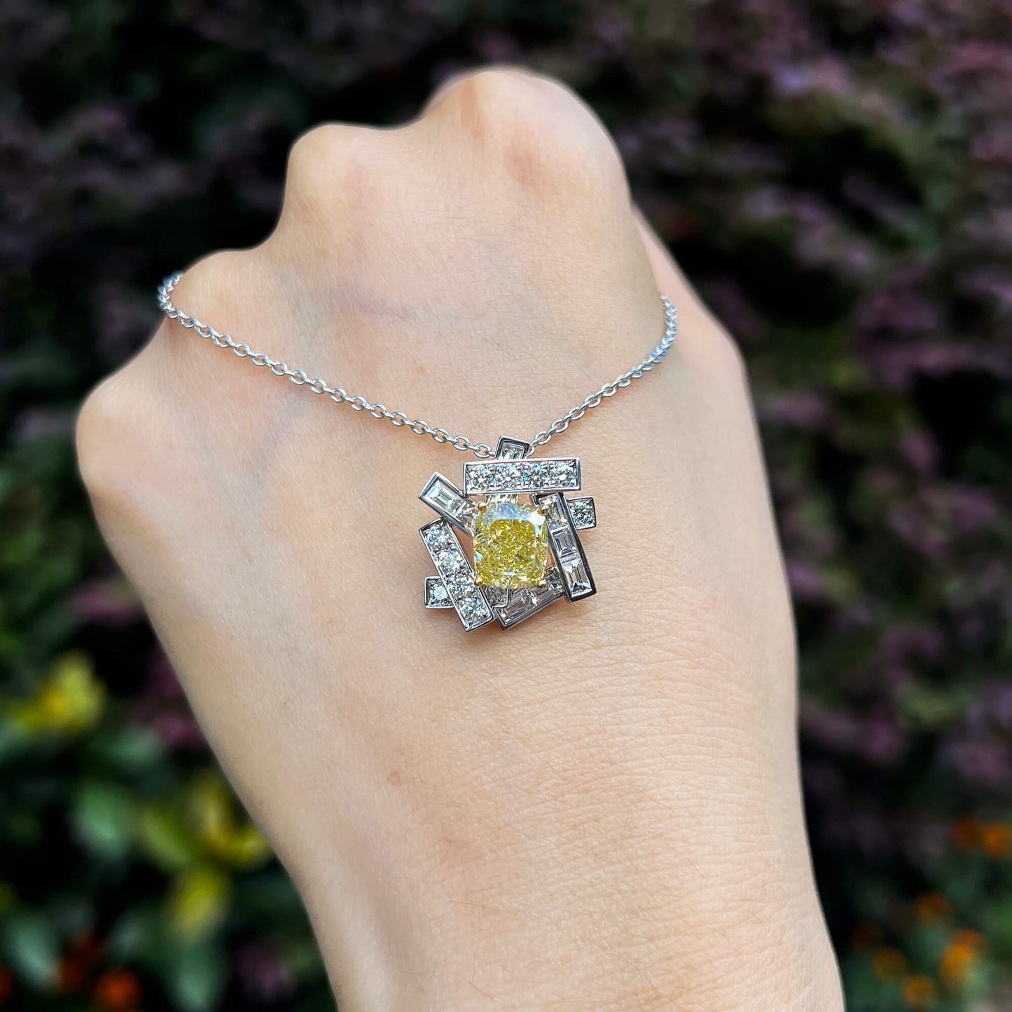 18K White & Yellow Gold Statement Necklace With 3.00 TCW Yellow Cushion Shape Natural Diamond, GIA Certified