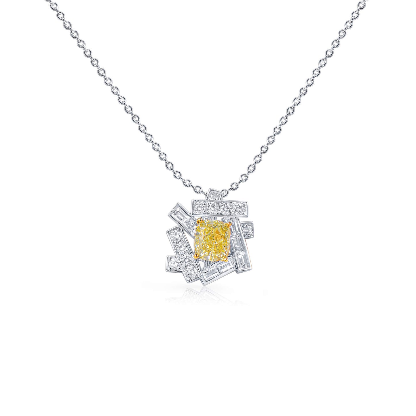 18K White & Yellow Gold Statement Necklace With 3.00 TCW Yellow Cushion Shape Natural Diamond, GIA Certified