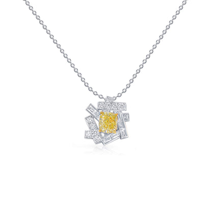 18K White & Yellow Gold Statement Necklace With 3.00 TCW Yellow Cushion Shape Natural Diamond, GIA Certified
