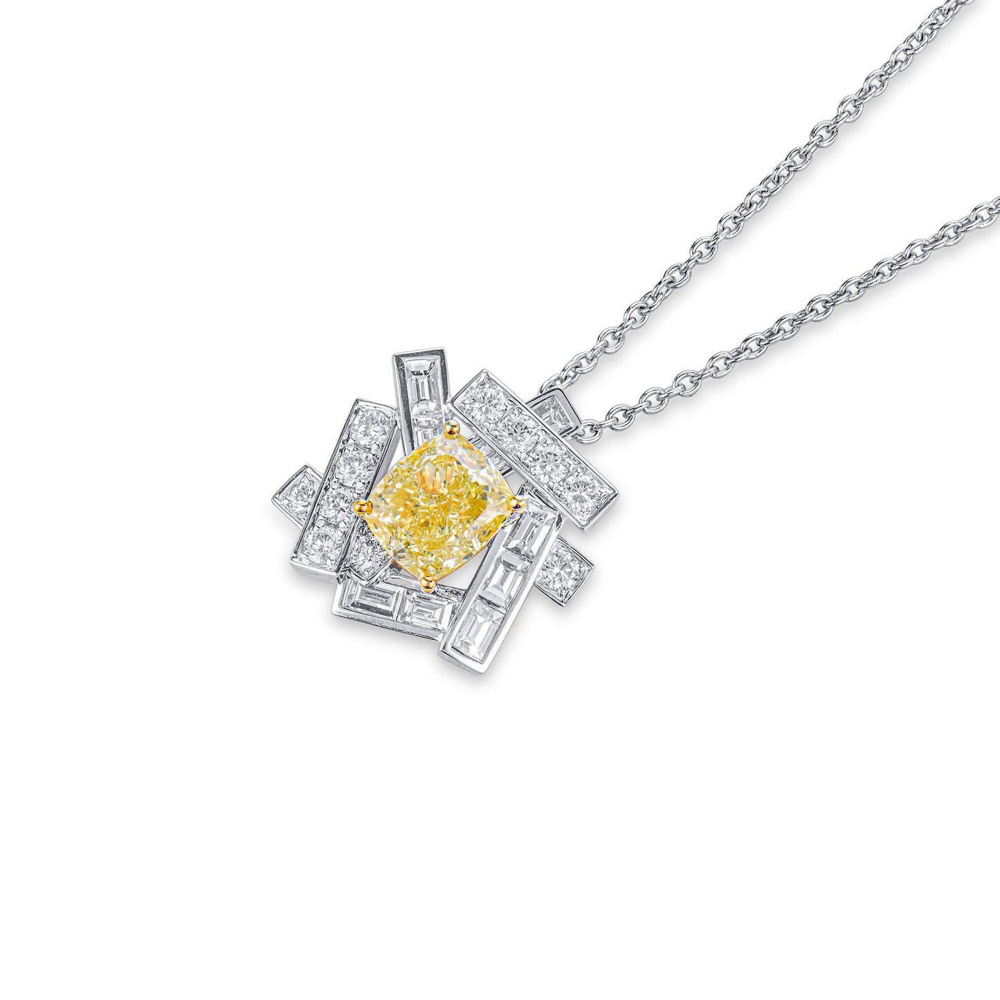 18K White & Yellow Gold Statement Necklace With 3.00 TCW Yellow Cushion Shape Natural Diamond, GIA Certified