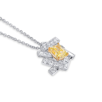 18K White & Yellow Gold Statement Necklace With 3.00 TCW Yellow Cushion Shape Natural Diamond, GIA Certified