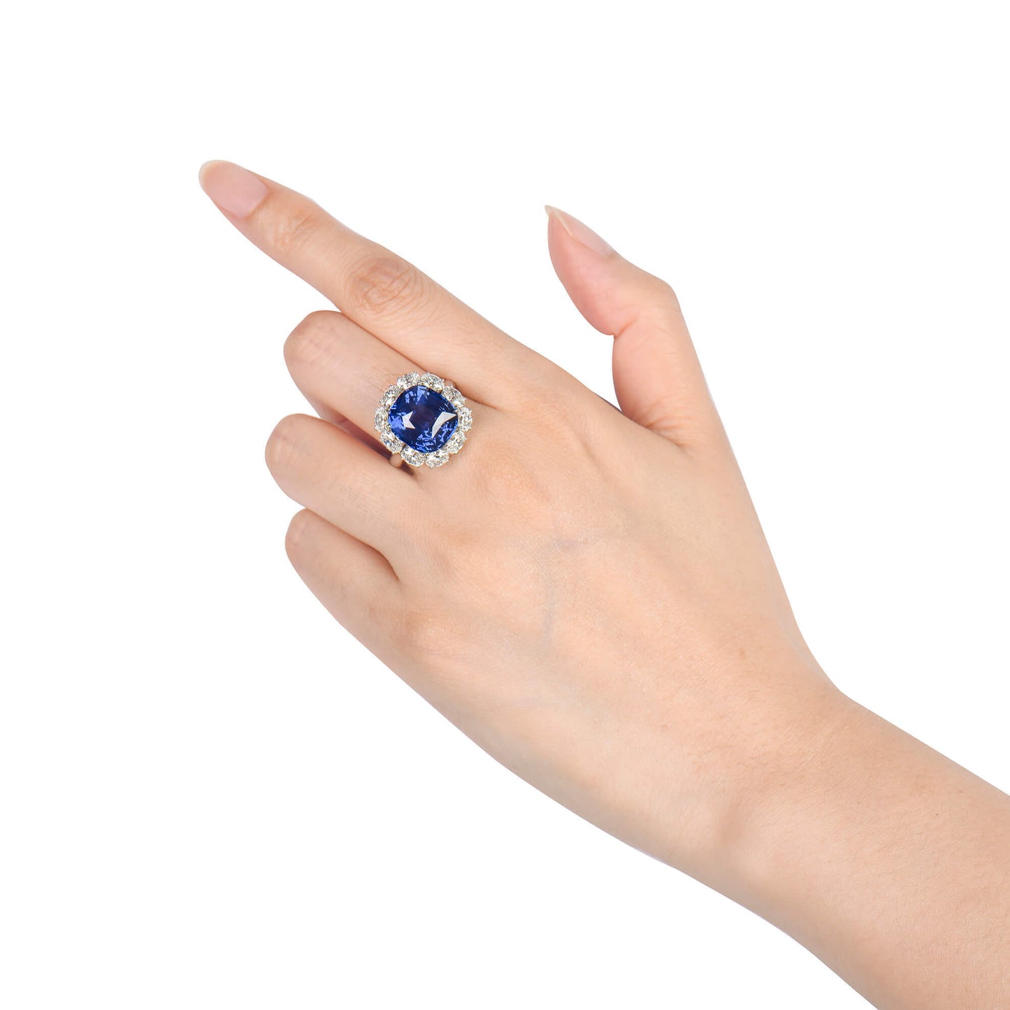18K White Gold Statement Ring With 13.58 TCW Cushion Shape Natural Sapphire, GRS Certified