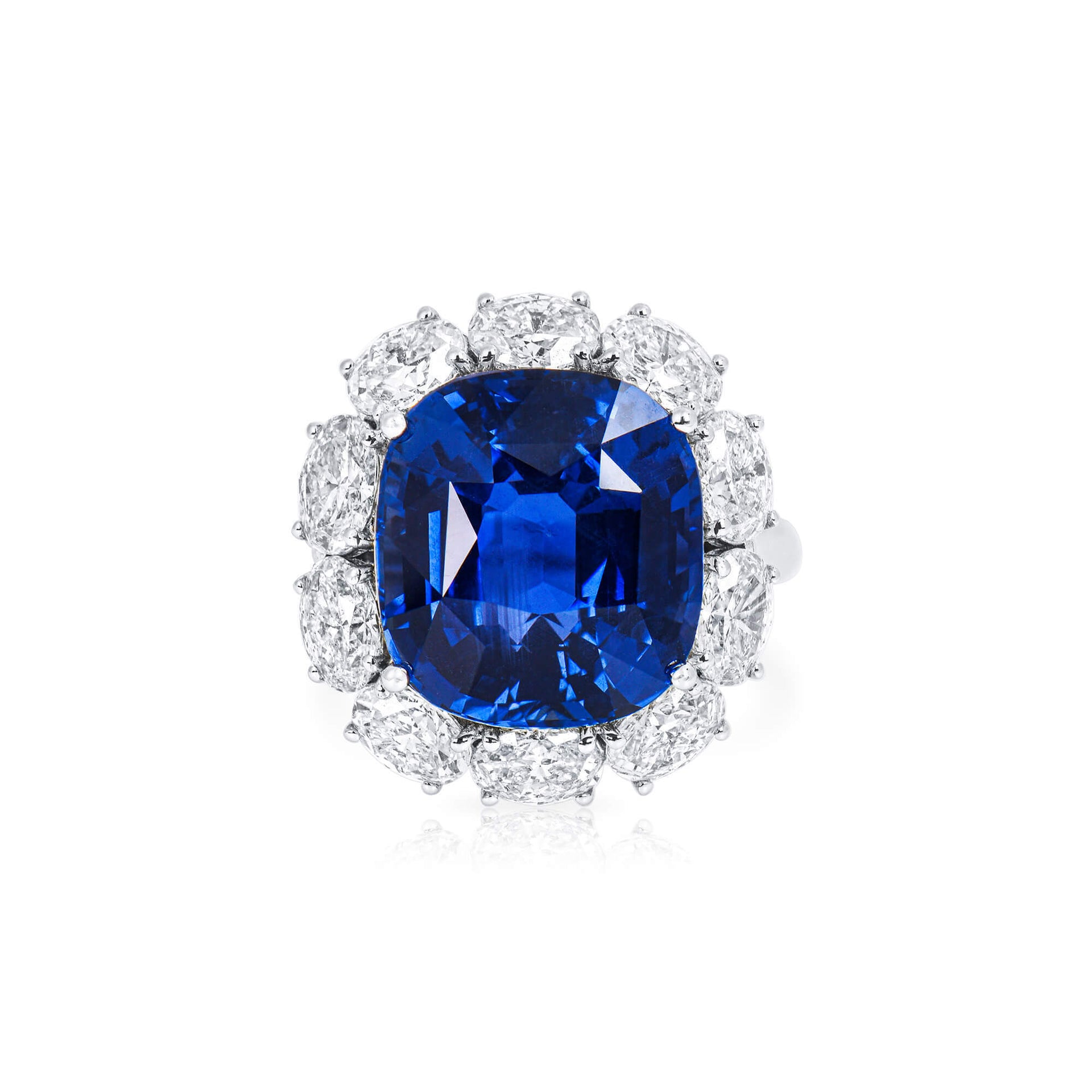 18K White Gold Statement Ring With 13.58 TCW Cushion Shape Natural Sapphire, GRS Certified