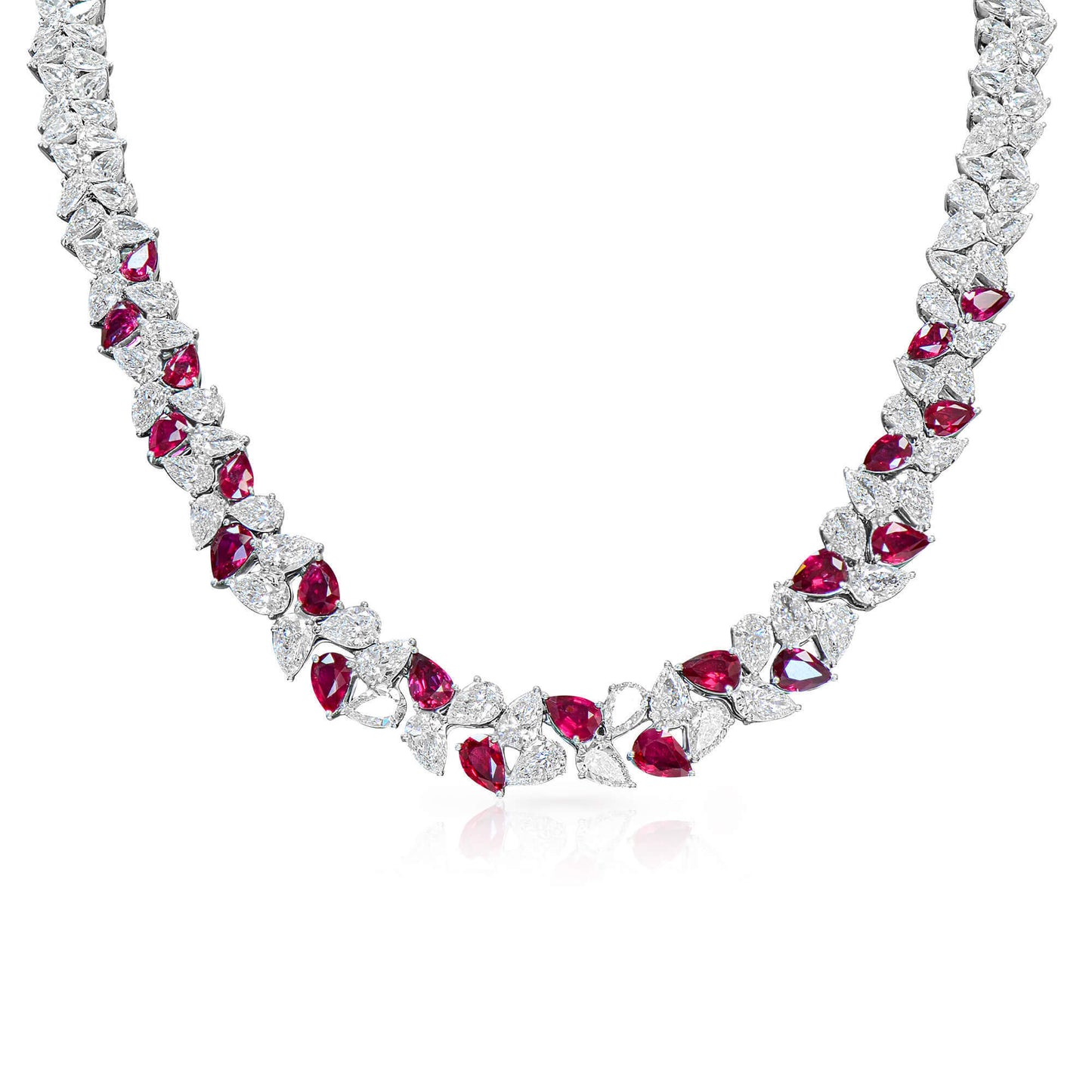 18K White Gold Statement Necklace With 11.68 TCW Pear Shape Natural Ruby, GIA Certified