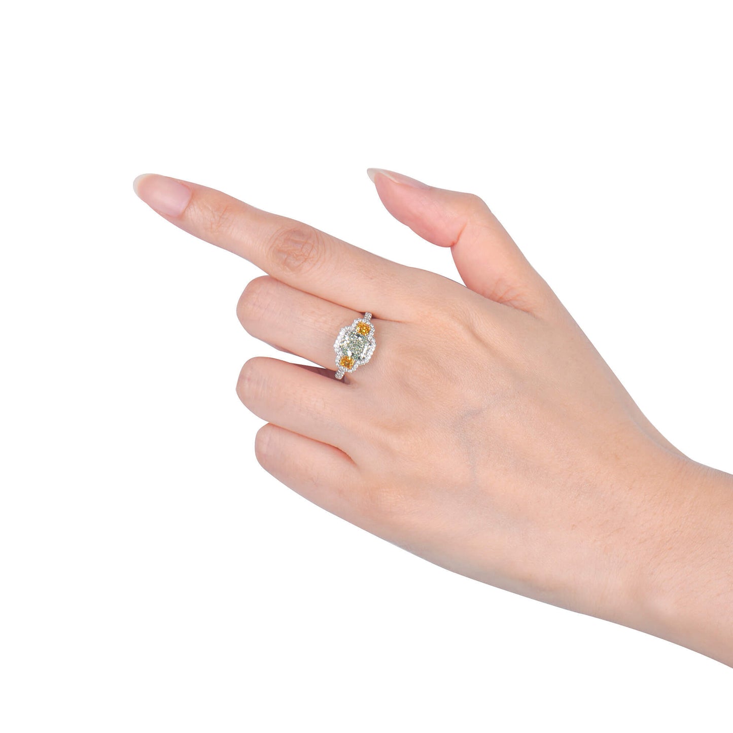 18K White Gold Statement Ring With 2.03 TCW Green Radiant Shape Natural Diamond, GIA Certified