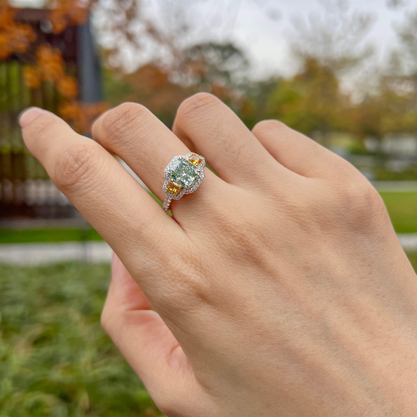 18K White Gold Statement Ring With 2.03 TCW Green Radiant Shape Natural Diamond, GIA Certified