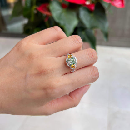 18K White Gold Statement Ring With 2.03 TCW Green Radiant Shape Natural Diamond, GIA Certified