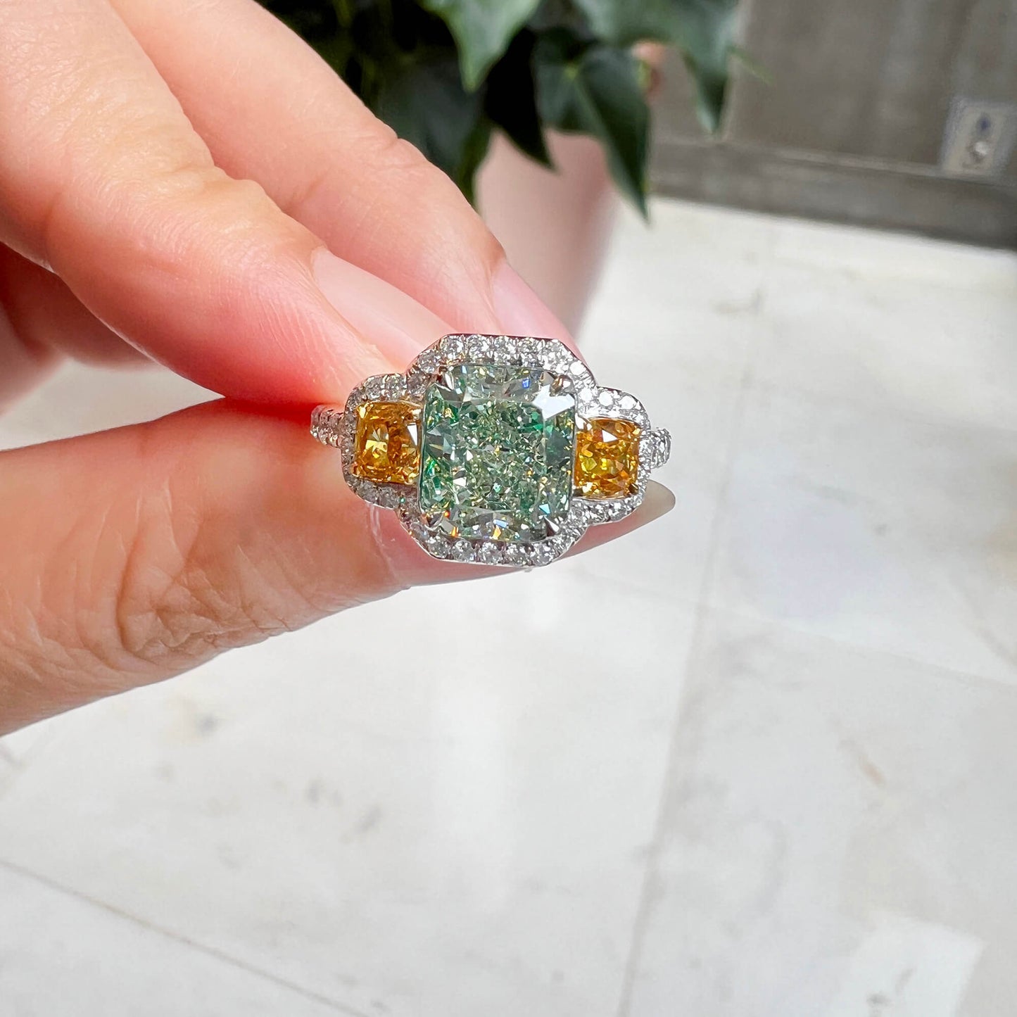 18K White Gold Statement Ring With 2.03 TCW Green Radiant Shape Natural Diamond, GIA Certified