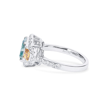 18K White Gold Statement Ring With 2.03 TCW Green Radiant Shape Natural Diamond, GIA Certified