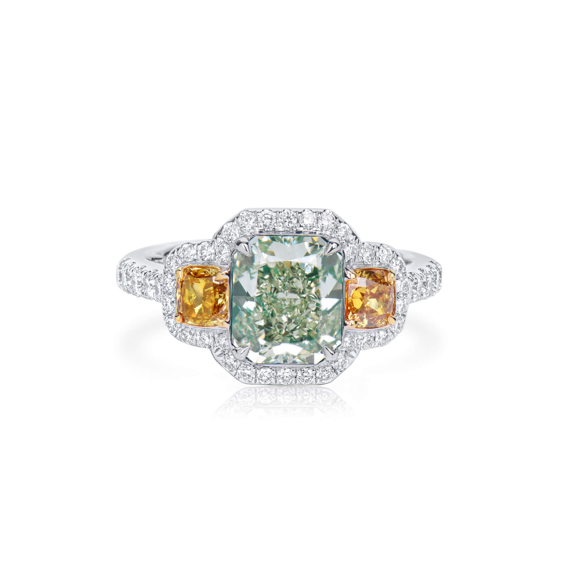 18K White Gold Statement Ring With 2.03 TCW Green Radiant Shape Natural Diamond, GIA Certified