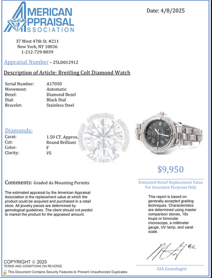 Breitling Colt Automatic Men's Watch With Steel Case and Strap Authentic Luxury Timepiece