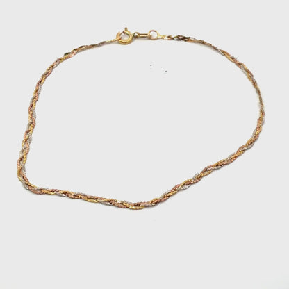 14K Tri-Color Gold Tri-Tone Braided Bracelet, Classic Woven Chain Style
