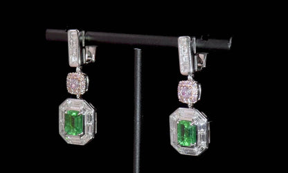 18K White & Rose Gold Statement Earrings With 1.68 TCW Green Emerald Shape Natural Emerald, GRS Certified
