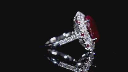 18K White Gold Statement Ring With 9.23 TCW Oval Shape Natural Ruby, SSEF Certified