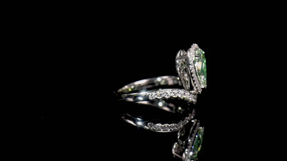 18K White Gold Statement Ring With 1.14 TCW Green Pear Shape Natural Diamond, GIA Certified