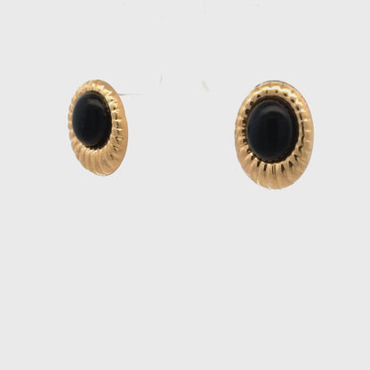 14K Yellow Gold Onyx Stud Earrings, 4.74 CTW Dainty Round Cabochon Bezel