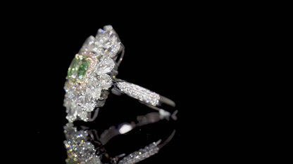 18K White Gold Statement Ring With 1.51 TCW Green Radiant Shape Natural Diamond, GIA Certified