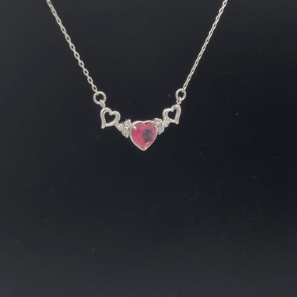 18K White Gold Ruby & Diamond Heart Bar Necklace 0.05 CTW Dainty Pendant