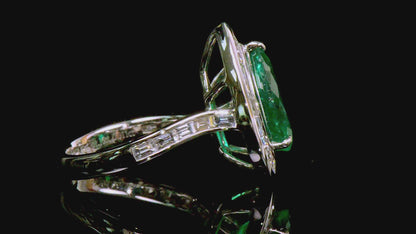 18K White Gold Statement Ring With 3.40 TCW Pear Shape Natural Emerald, GRS Certified