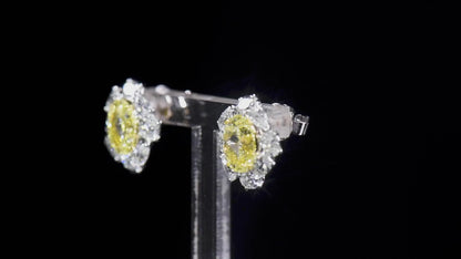 18K White & Yellow Gold Statement Earrings With 4.02 TCW Yellow Oval Shape Natural Diamond, GIA Certified