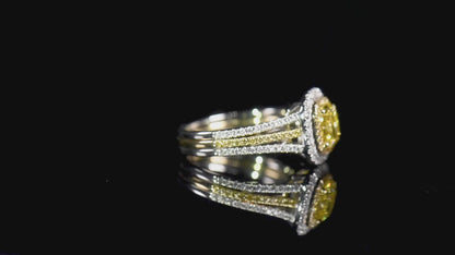 18K White & Yellow Gold Statement Ring With 1.53 TCW Yellow Cushion Shape Natural Diamond, GIA Certified