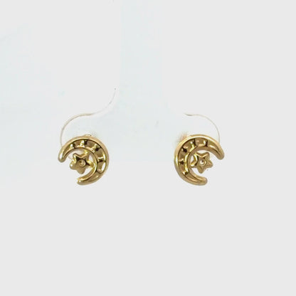 14K Yellow Gold Crecent Moon And Star Screw Back Child's Stud Earrings