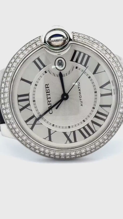 Mens Cartier Ballon Bleu 42mm Steel Diamond Watch