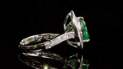 18K White Gold Statement Ring With 1.45 TCW Pear Shape Natural Emerald, GRS Certified