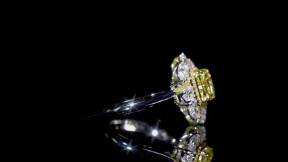 18K White & Yellow Gold Statement Ring With 2.03 TCW Yellow Cushion Shape Natural Diamond, GIA Certified