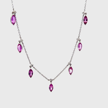 14K White Gold Pink Sapphire And Diamond 7 Station Necklace