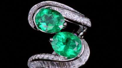 18K White Gold Statement Ring With 2.22 TCW Oval Shape Natural Emerald, GRS Certified
