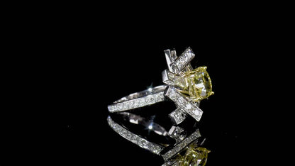 18K White & Yellow Gold Statement Ring With 3.00 TCW Yellow Cushion Shape Natural Diamond, GIA Certified