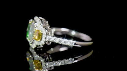 18K White Gold Statement Ring With 2.03 TCW Green Radiant Shape Natural Diamond, GIA Certified