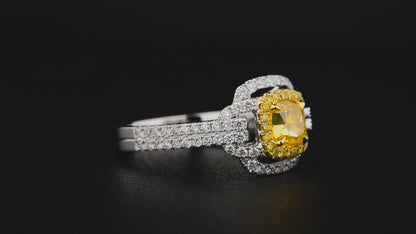 18K White Gold Statement Ring With 1.00 TCW Yellow Cushion Shape Natural Diamond, GIA Certified