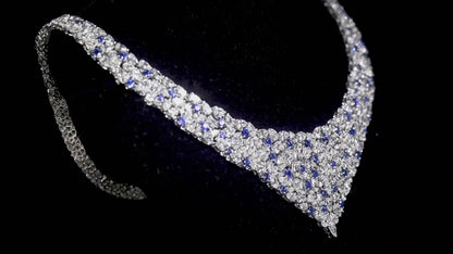18K White Gold Statement Necklace With 11.70 TCW Round Shape Natural Sapphire, EG_LAB Certified